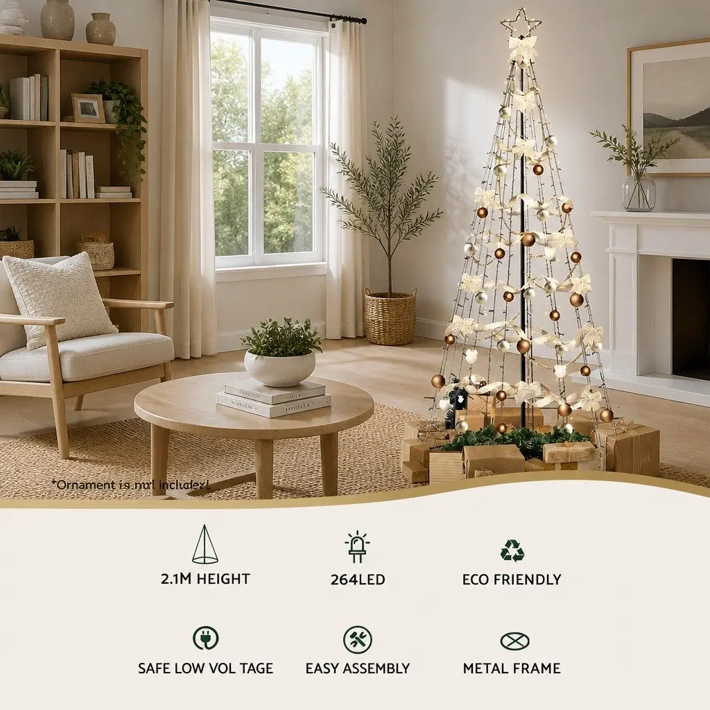 LED Christmas Tree Solar Powered 2.1M Warm White Lights Outdoor Decoration Black