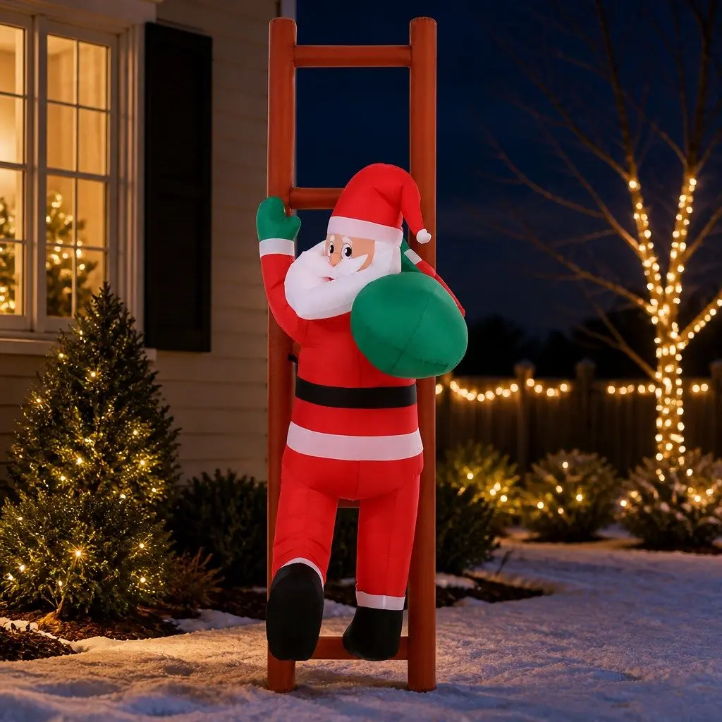 Christmas Inflatable Santa Climbing Ladder 2.45M Multicolour LED Outdoor Indoor