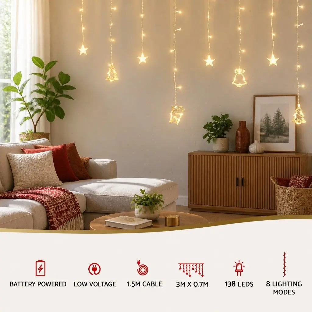 LED Icicle Christmas Lights Warm White 3M Indoor Outdoor Decoration 138 Bulbs 8 Modes