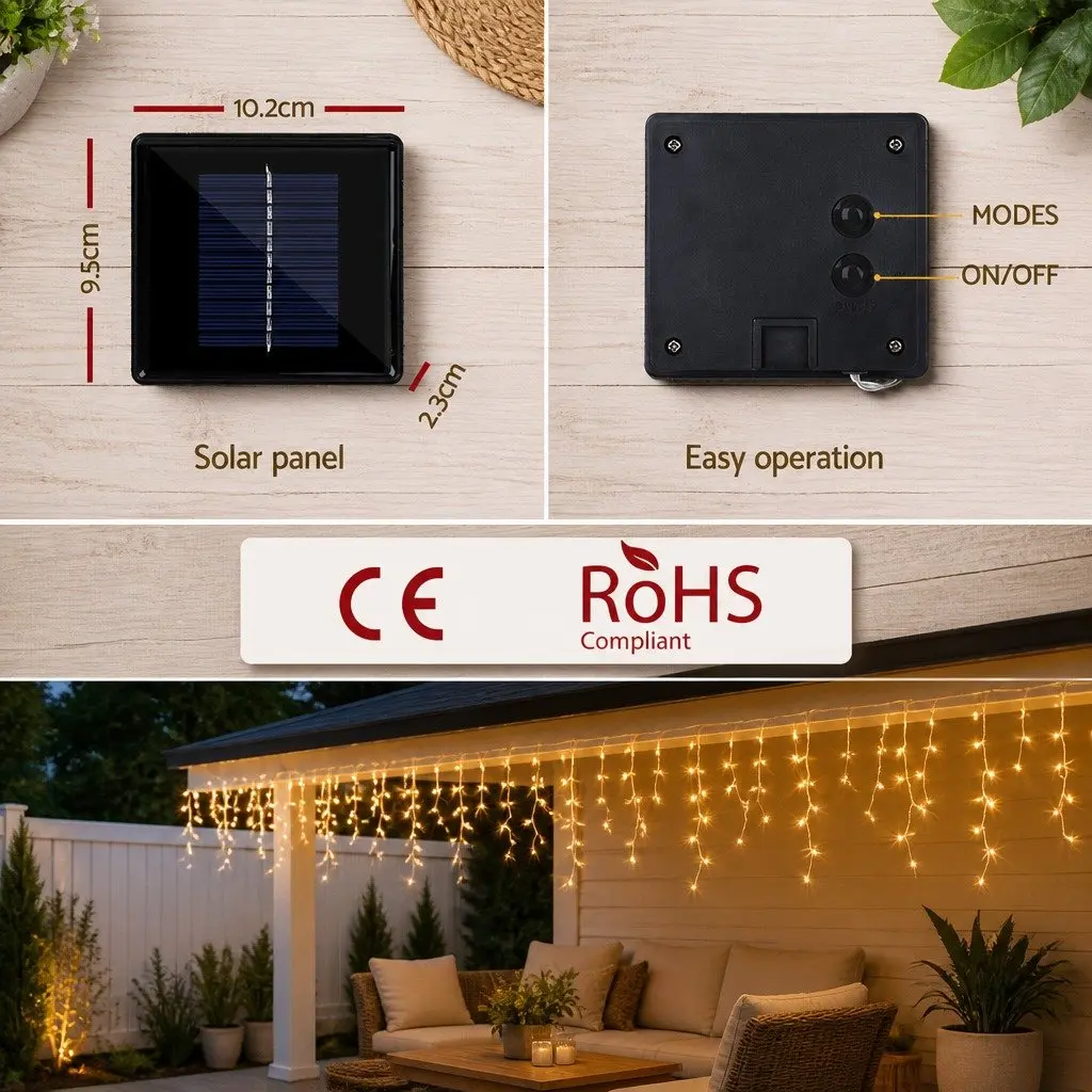 Outdoor Christmas Lights Warm White LED String Lights Solar Powered 12.5M 100 Drops
