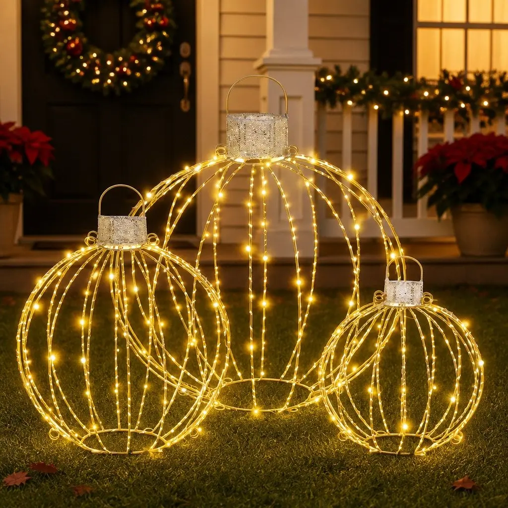Christmas Light Set 320 LED Lights Warm White Indoor Outdoor 3 Ball Decorations Gold