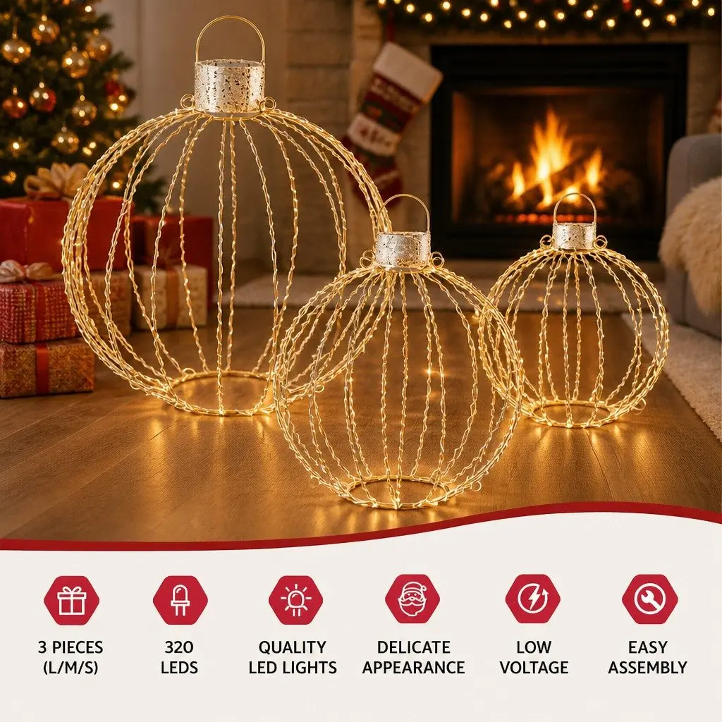 Christmas Light Set 320 LED Lights Warm White Indoor Outdoor 3 Ball Decorations Gold