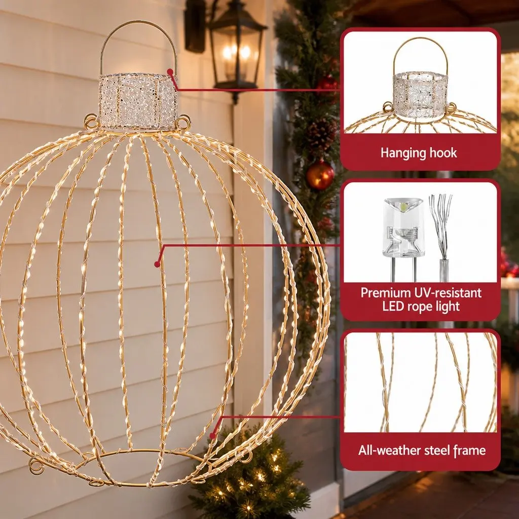 Christmas Light Set 320 LED Lights Warm White Indoor Outdoor 3 Ball Decorations Gold