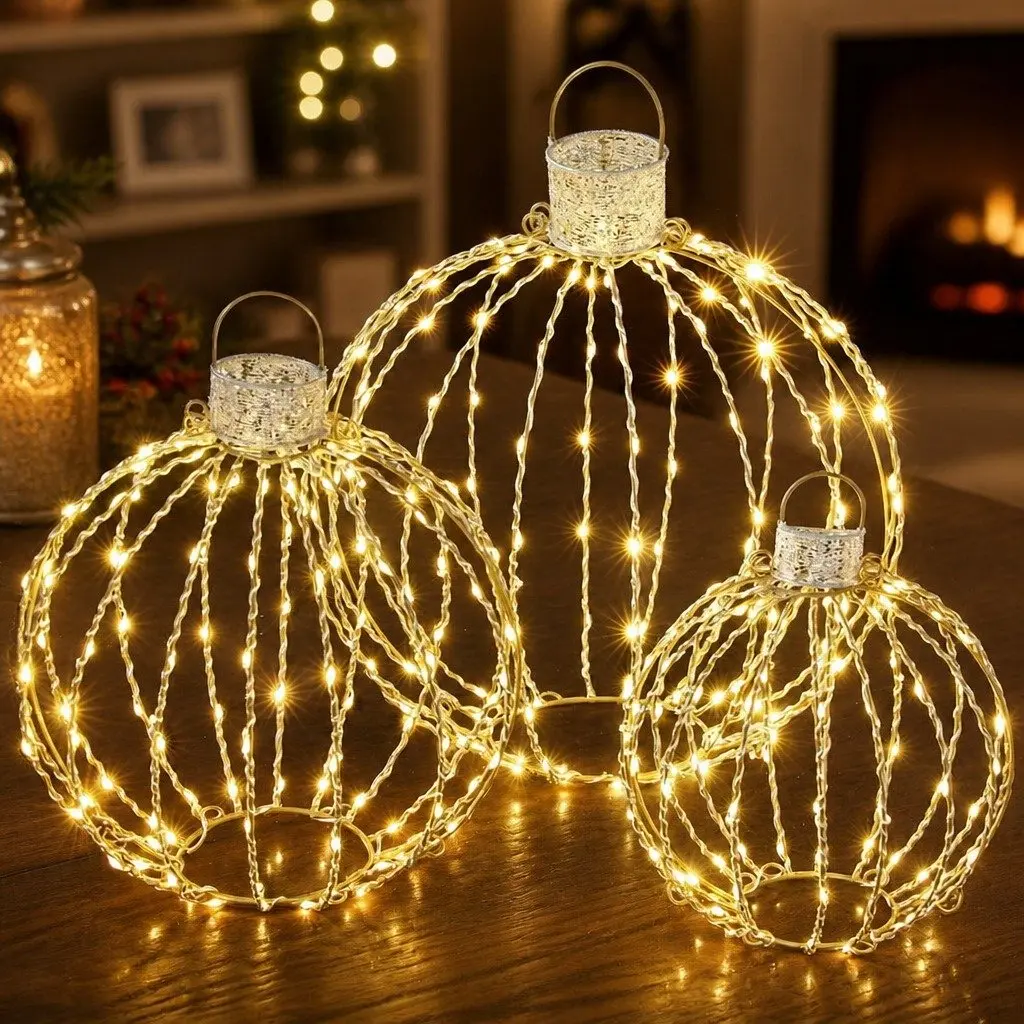 Christmas Light Set 320 LED Lights Warm White Indoor Outdoor 3 Ball Decorations Gold