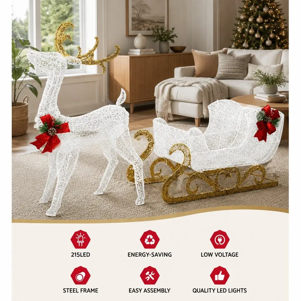 LED Christmas Lights Outdoor Decoration 215 Count Multi-color 3D Reindeer Sleigh 165cm Height
