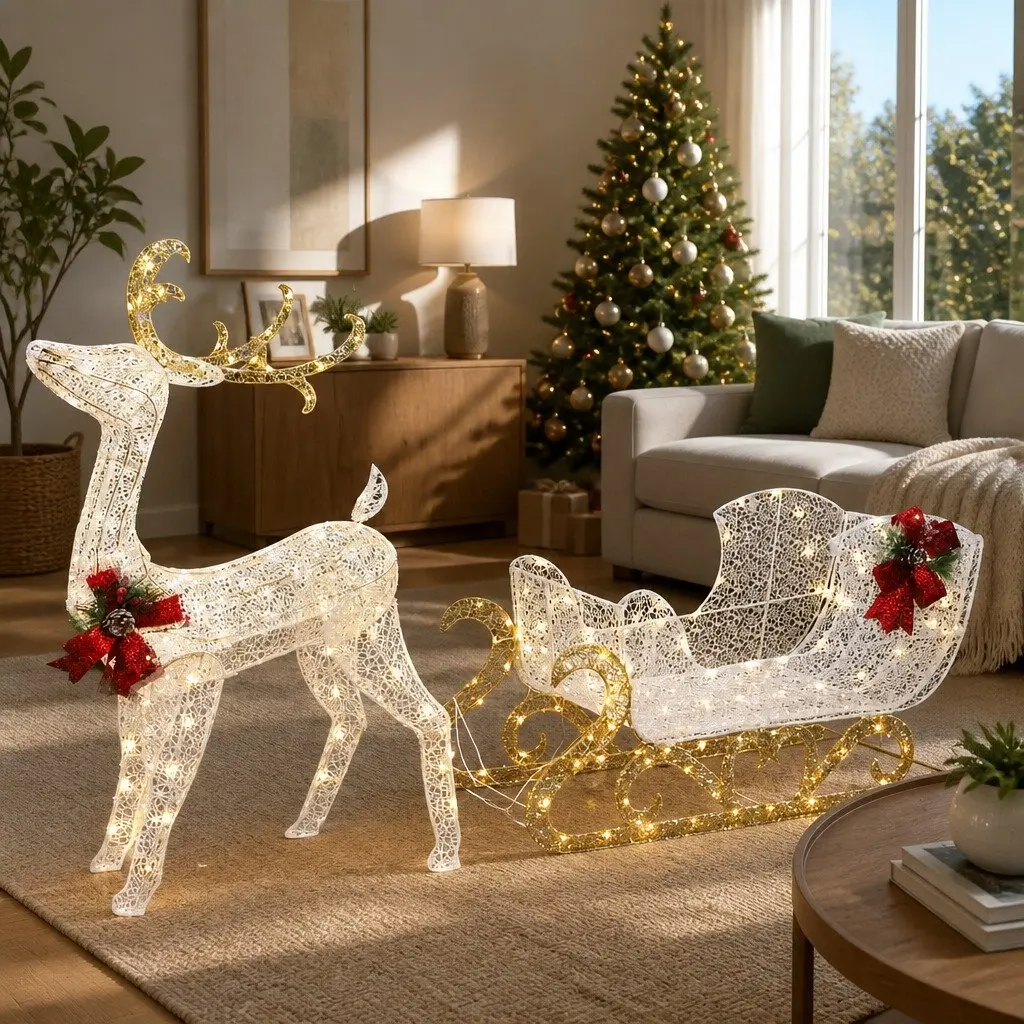LED Christmas Lights Outdoor Decoration 215 Count Multi-color 3D Reindeer Sleigh 165cm Height