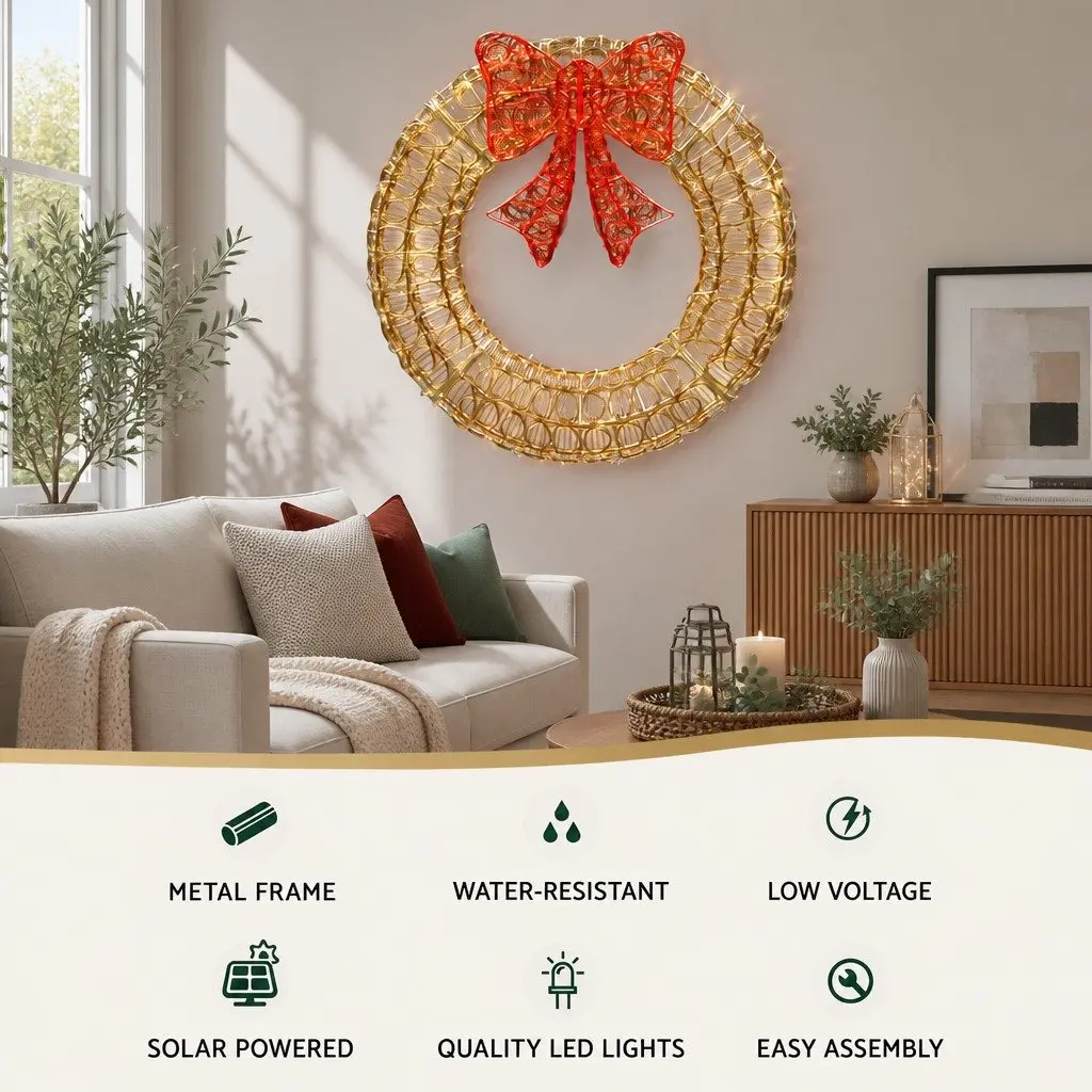 Solar LED Christmas Wreath Outdoor Decoration 0.6M 160 Warm White Lights