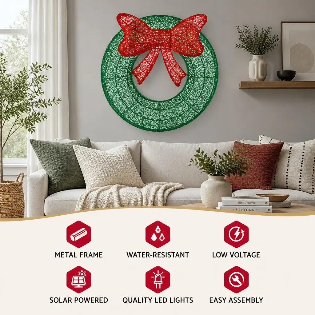 Outdoor LED Christmas Wreath 60cm Warm White Solar Powered Decoration