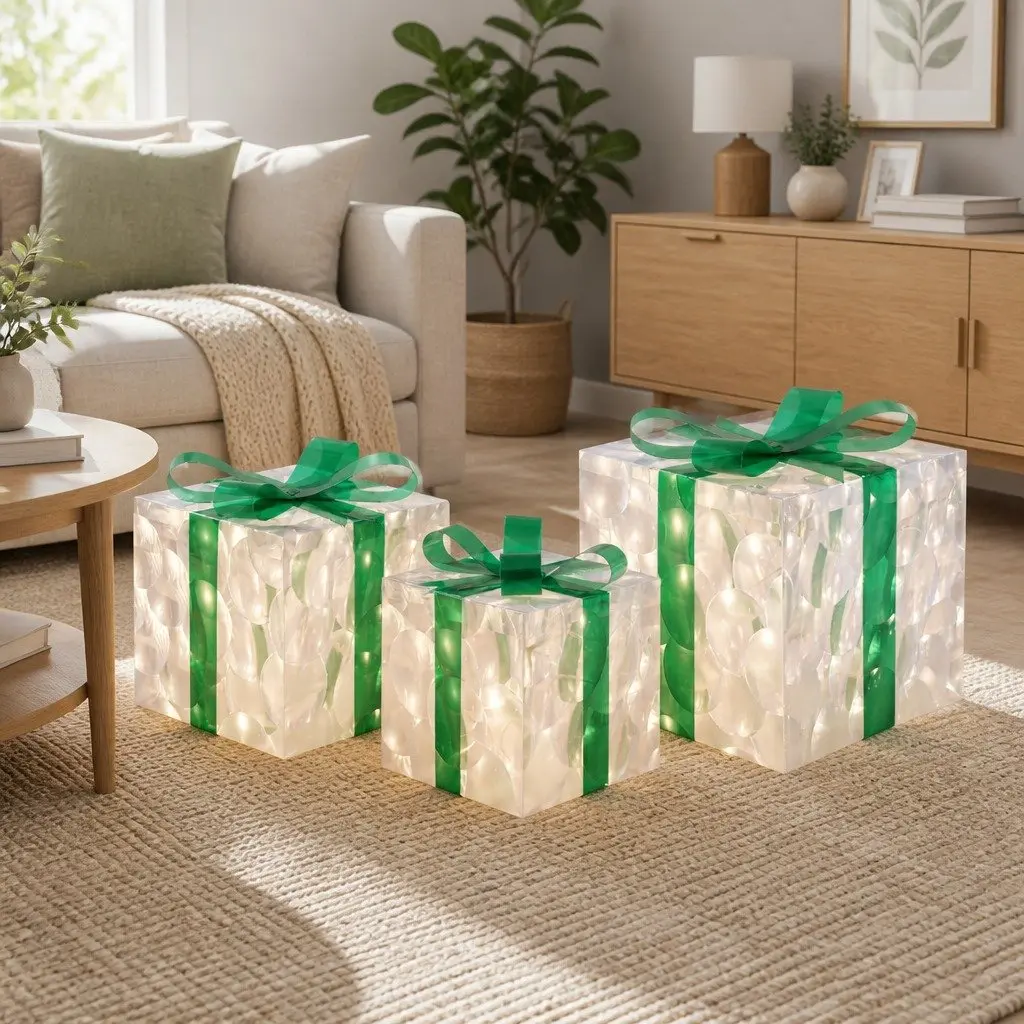 Christmas Lights 70 LED Warm White Outdoor Indoor 3 Piece Gift Box Decor