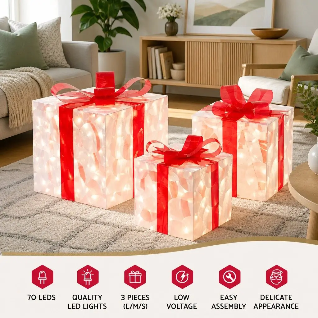 Christmas Lights Gift Box Indoor Outdoor Decoration 3 Piece 70 LED Warm White