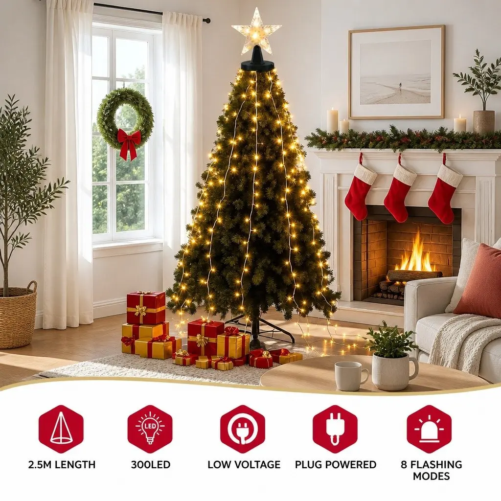 Christmas Waterfall String Lights 2.5M 300 LED Warm White Outdoor Indoor