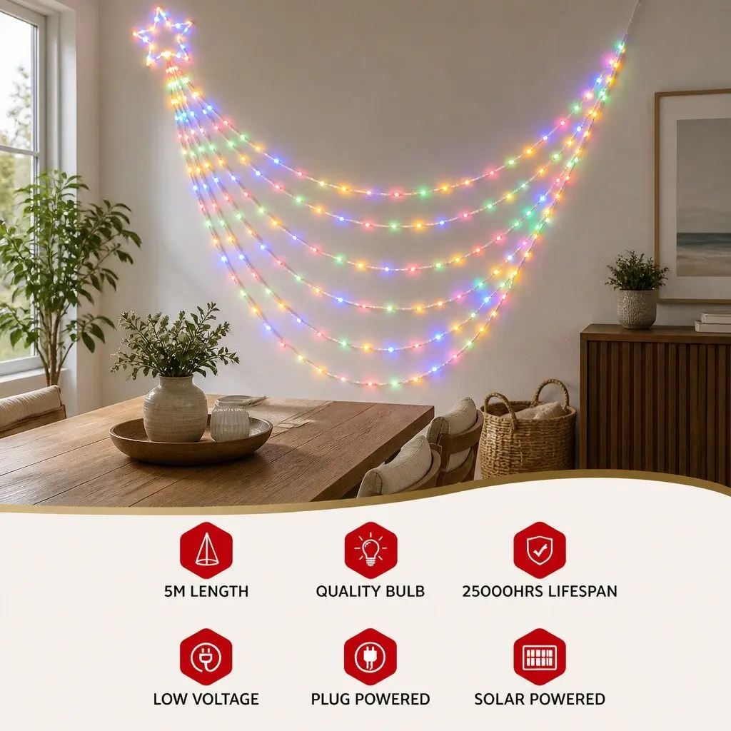 Cascading Solar LED String Lights 6-Strand 5M Multi-Coloured Outdoor Christmas