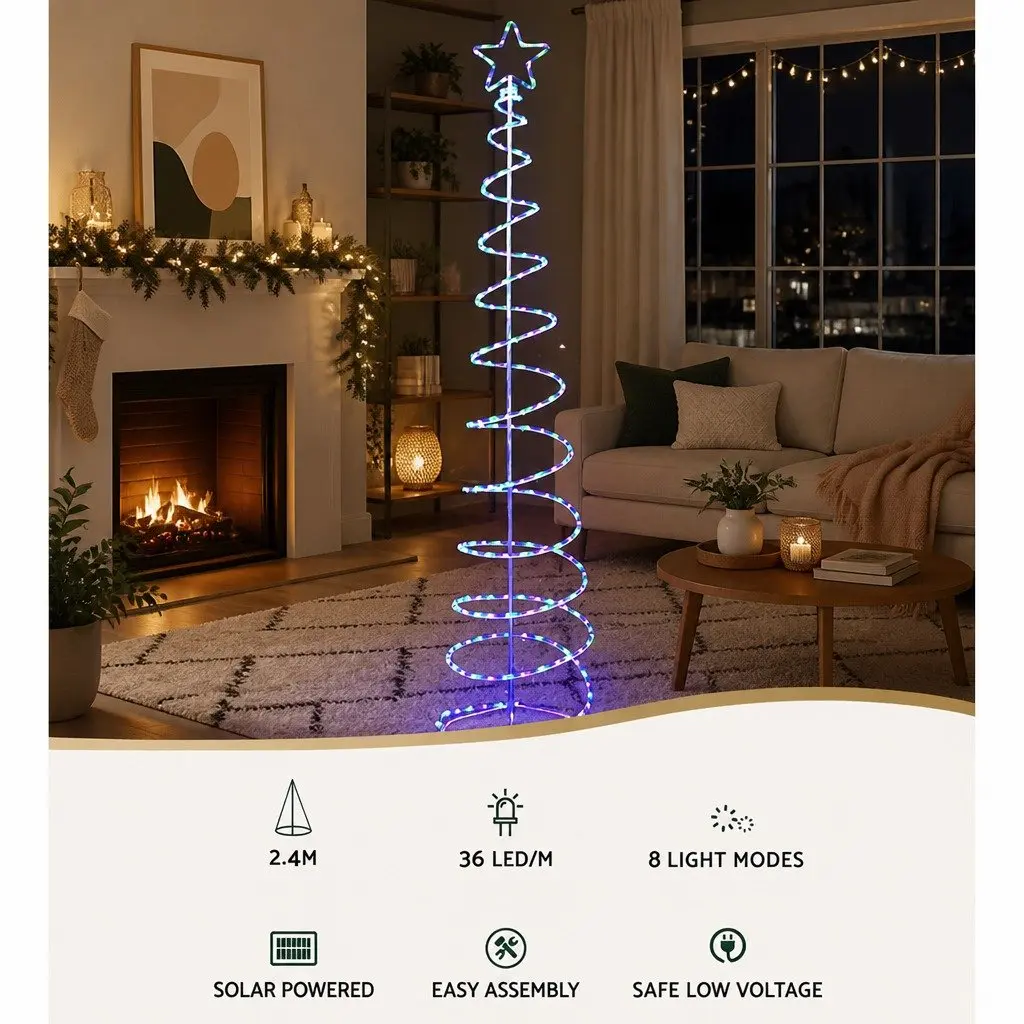 LED Christmas Tree 2.4M Solar Motif Multi-colour Lights Indoor Outdoor Decoration