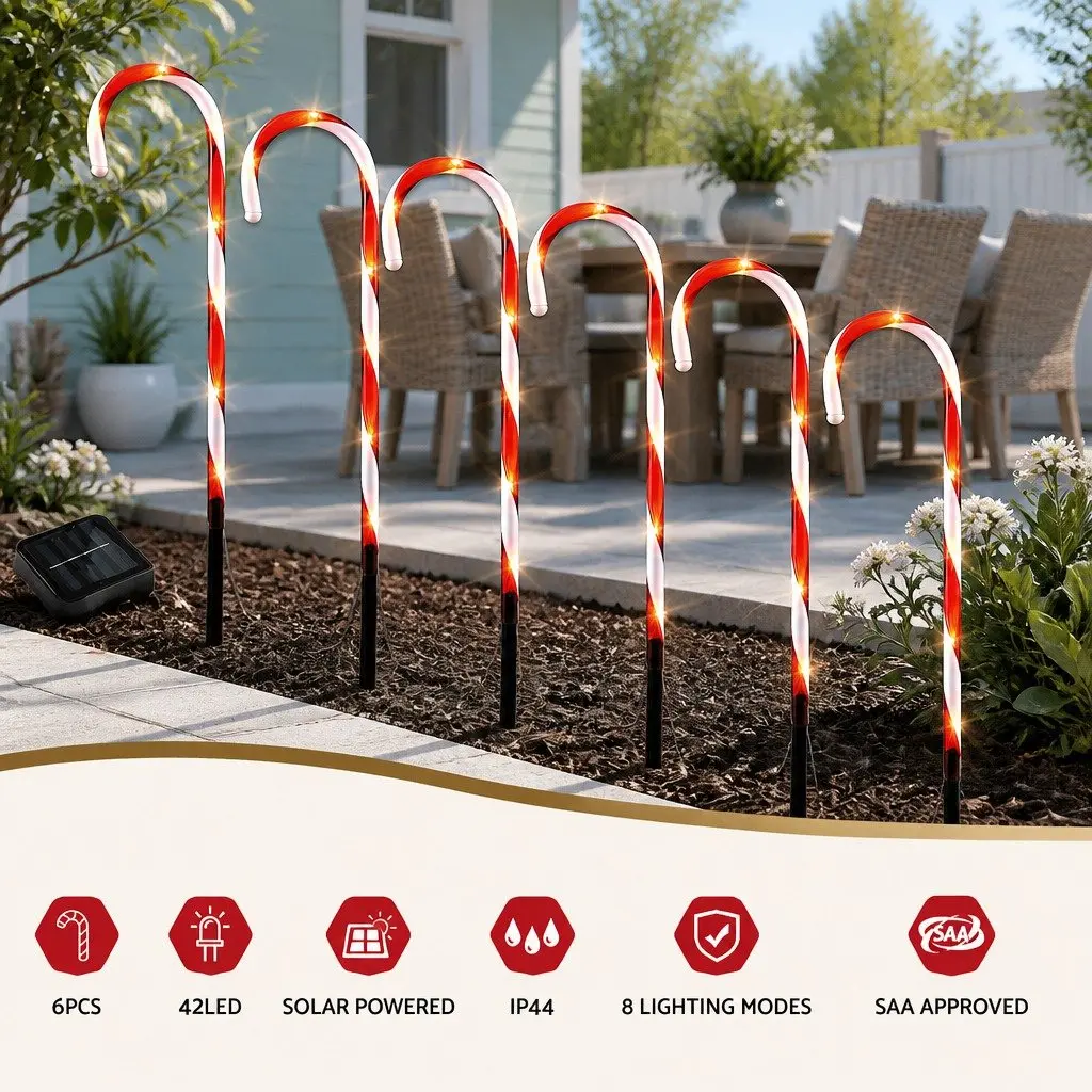 LED Christmas Path Lights 6 PCS Solar Powered Outdoor Decorations 42 Bulbs White