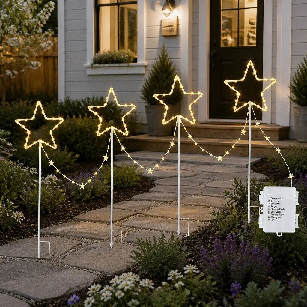 Christmas Lights Path Ground Light 4 Piece Warm White LED Garden Decorations 144 LED 8 Modes