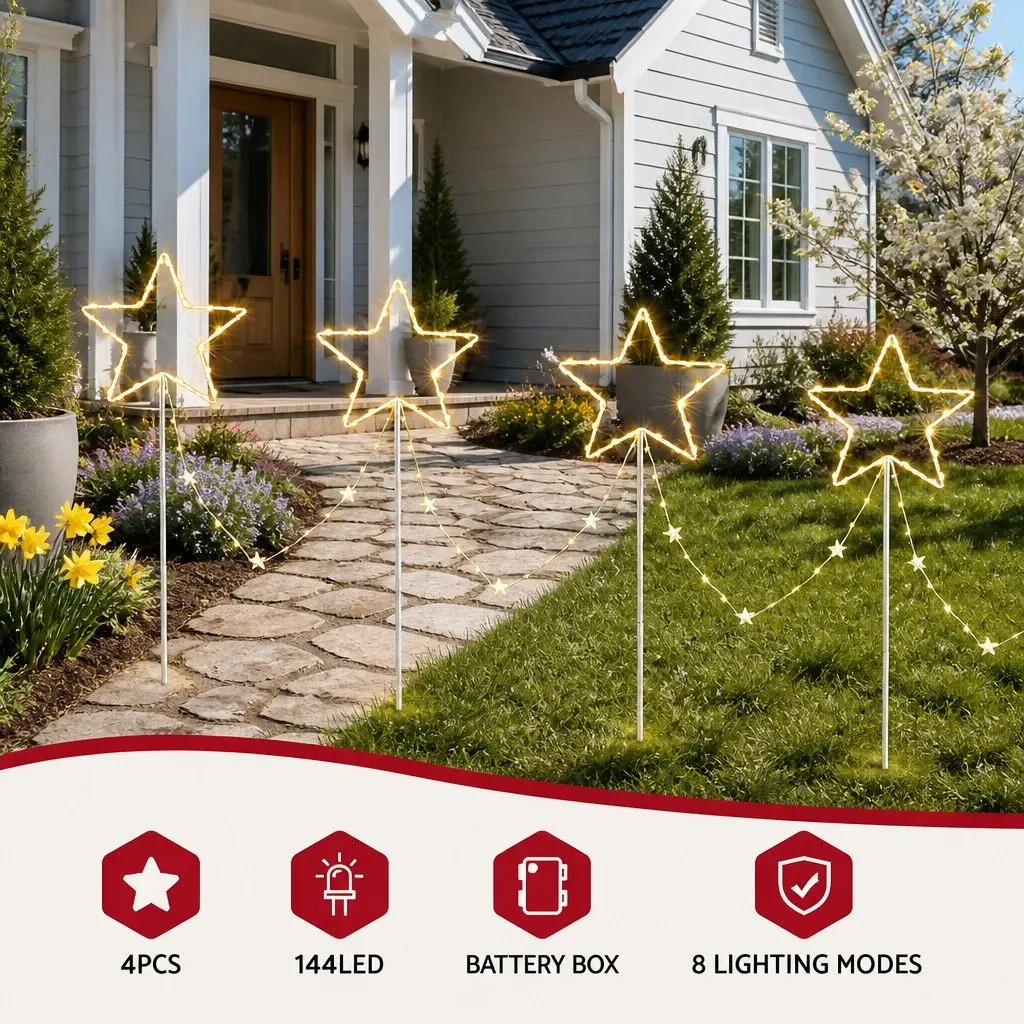 Christmas Lights Path Ground Light 4 Piece Warm White LED Garden Decorations 144 LED 8 Modes