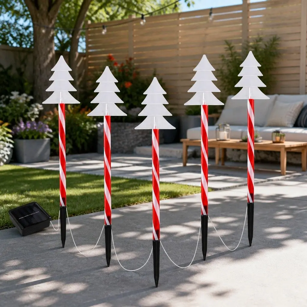 Christmas Path Ground Lights 5 Piece Solar Powered 25 LED Warm White Red Outdoor Decorations