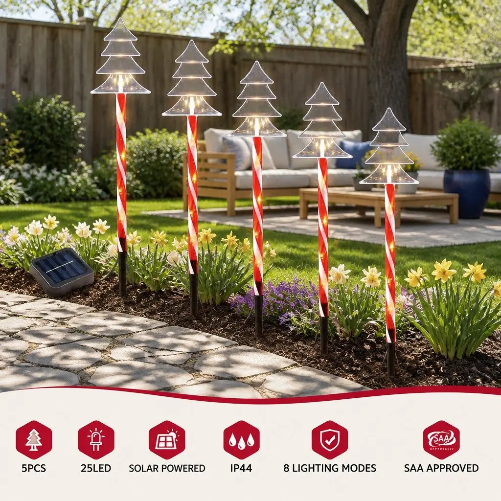 Christmas Path Ground Lights 5 Piece Solar Powered 25 LED Warm White Red Outdoor Decorations