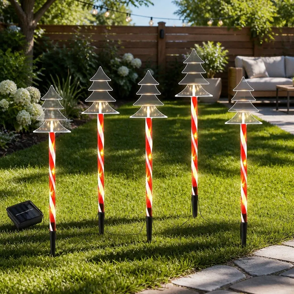 Christmas Path Ground Lights 5 Piece Solar Powered 25 LED Warm White Red Outdoor Decorations