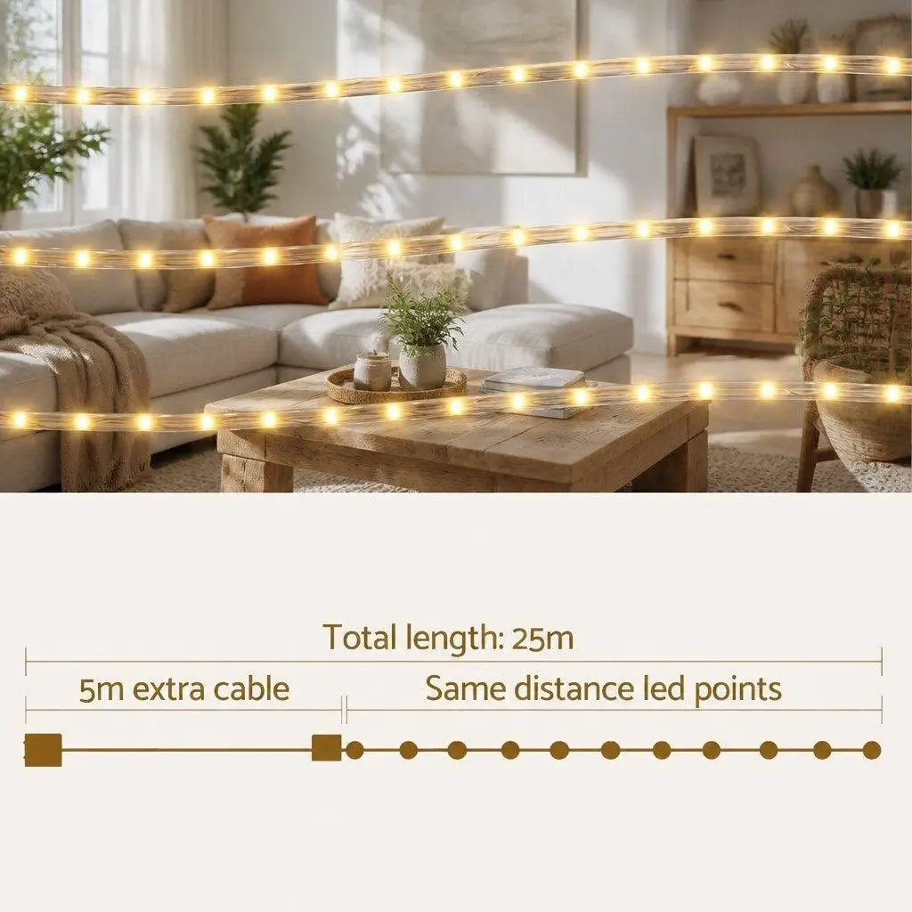 Christmas Rope Light 20M Warm White LED String Indoor Outdoor Decorations