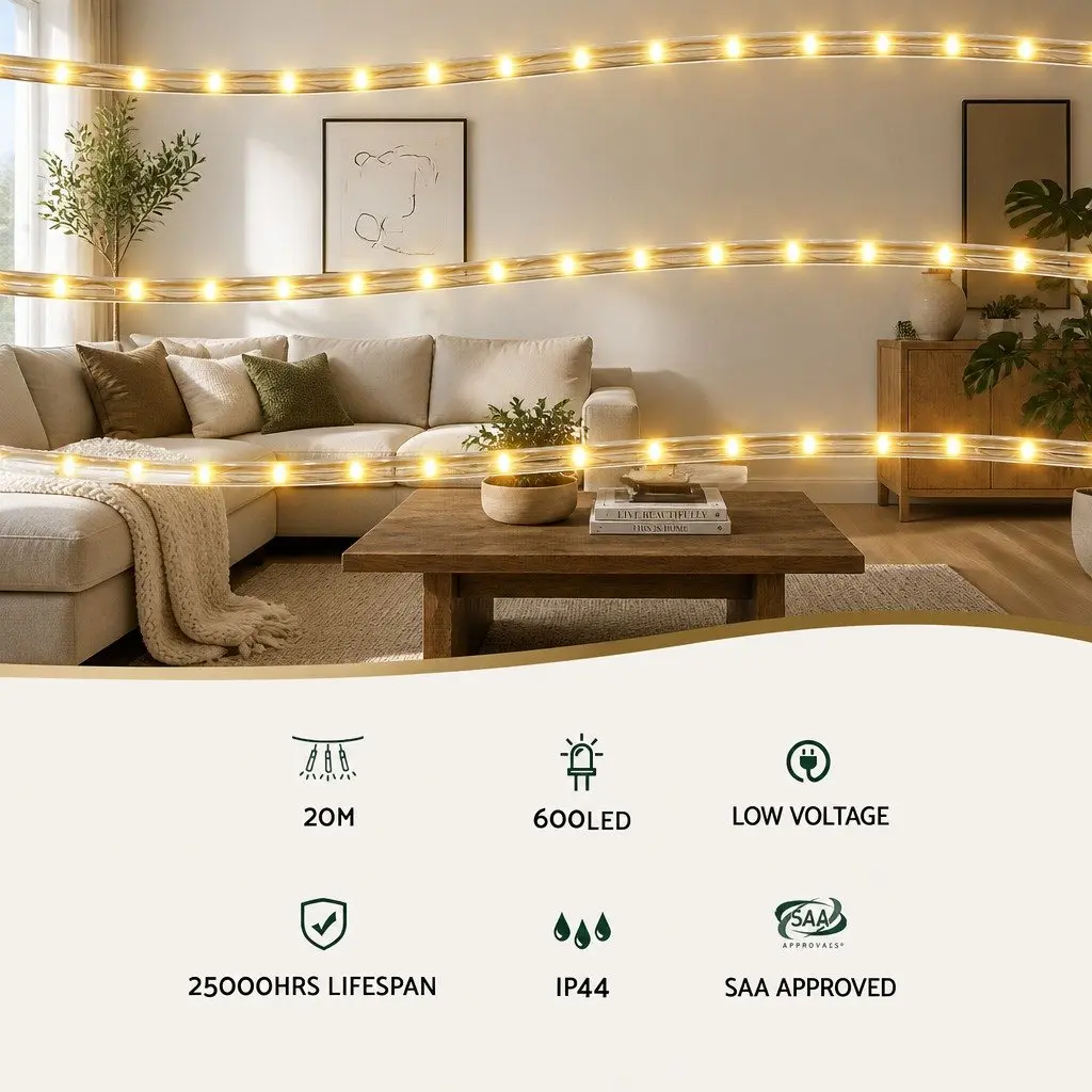 Christmas Rope Light 20M Warm White LED String Indoor Outdoor Decorations