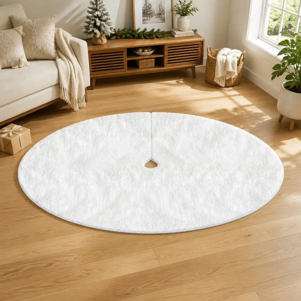 Christmas Tree Skirt Festive Holiday Decoration 120cm White Plush Fluffy