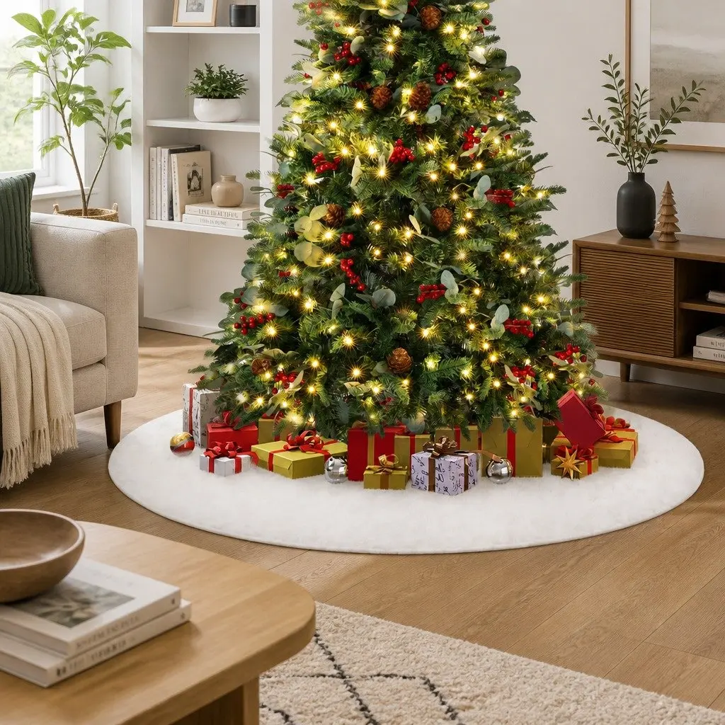 Christmas Tree Skirt Festive Holiday Decoration 120cm White Plush Fluffy