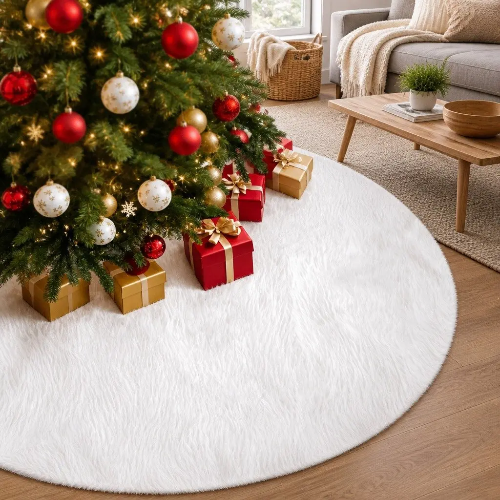 Christmas Tree Skirt Festive Holiday Decoration 120cm White Plush Fluffy