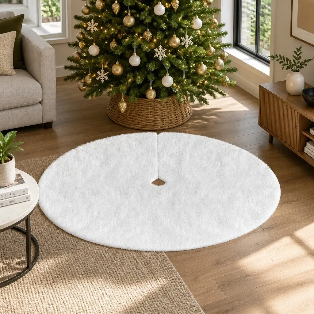 Christmas Tree Skirt 90cm White Plush Fluffy Holiday Decor