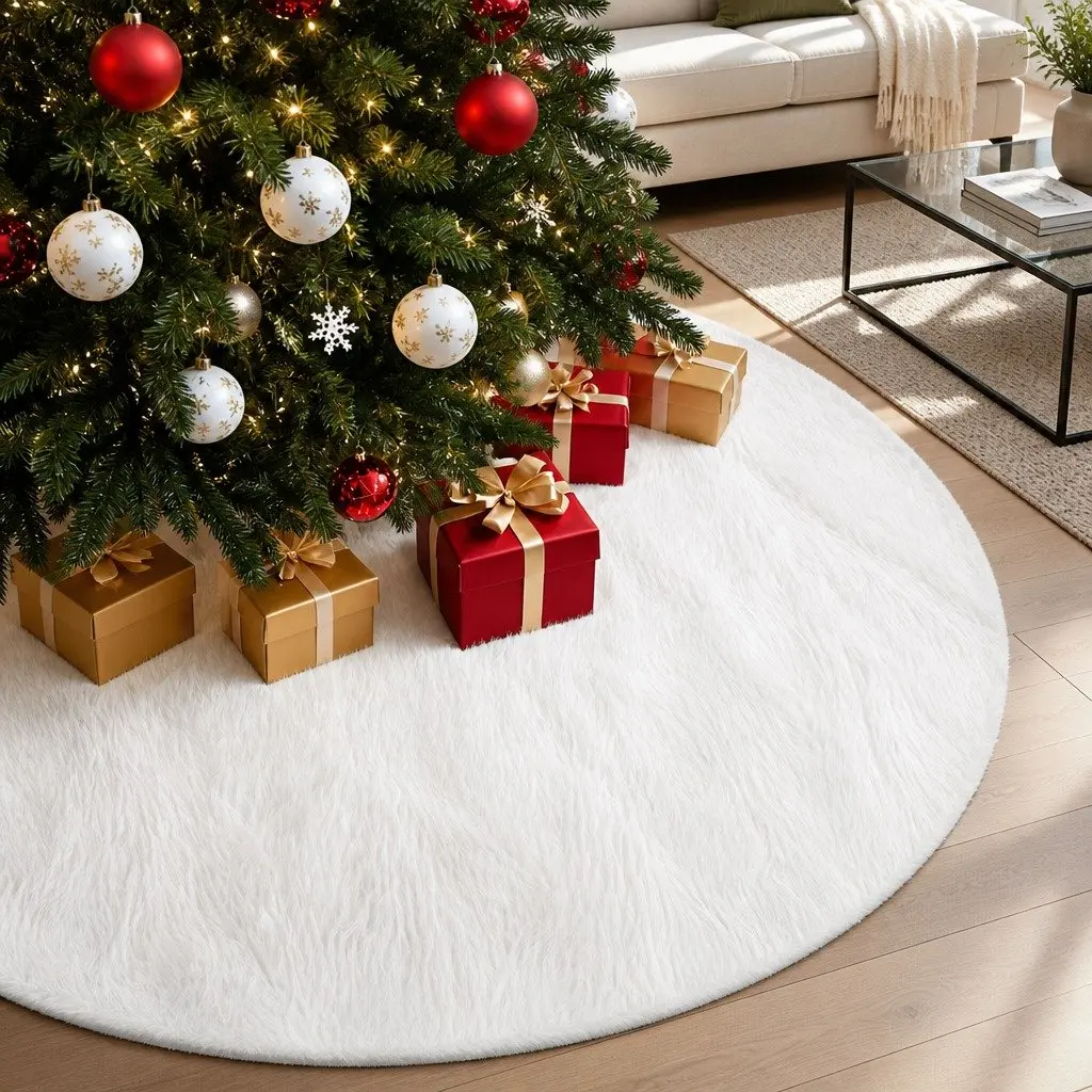 Christmas Tree Skirt 90cm White Plush Fluffy Holiday Decor