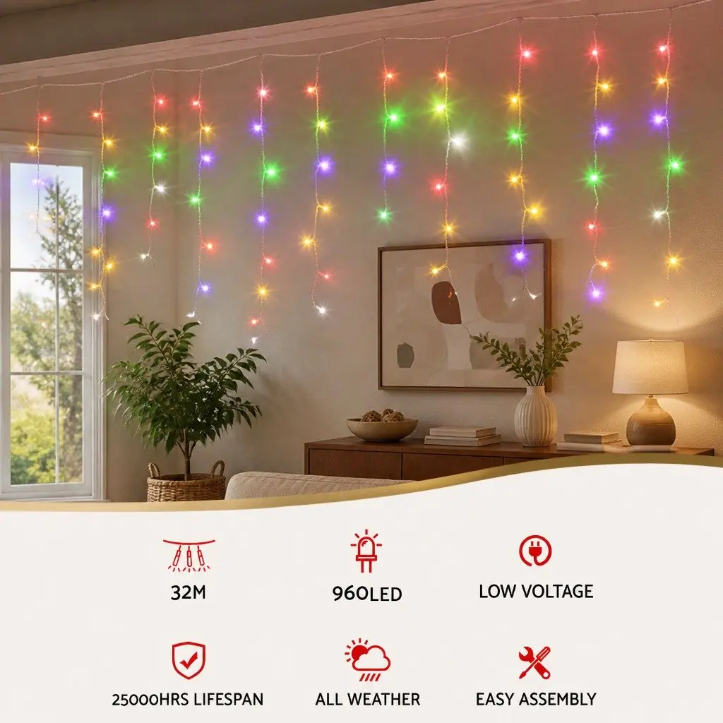 Icicle Lights Solar Powered 32M Multicolour Outdoor Decoration