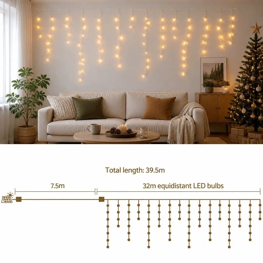 Icicle Christmas Lights 32M Warm White Solar Powered Outdoor Decoration 960 LEDs 8 Modes