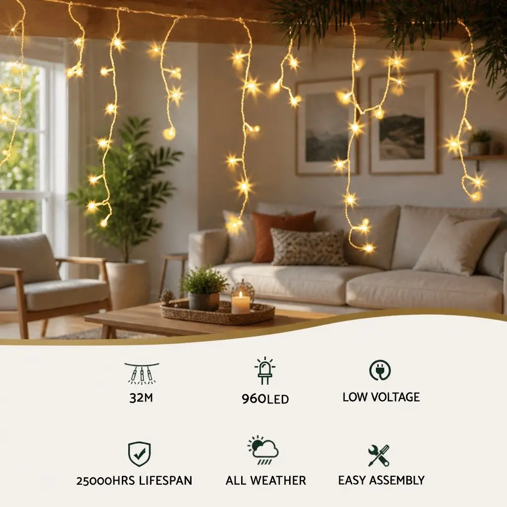 Icicle Christmas Lights 32M Warm White Solar Powered Outdoor Decoration 960 LEDs 8 Modes
