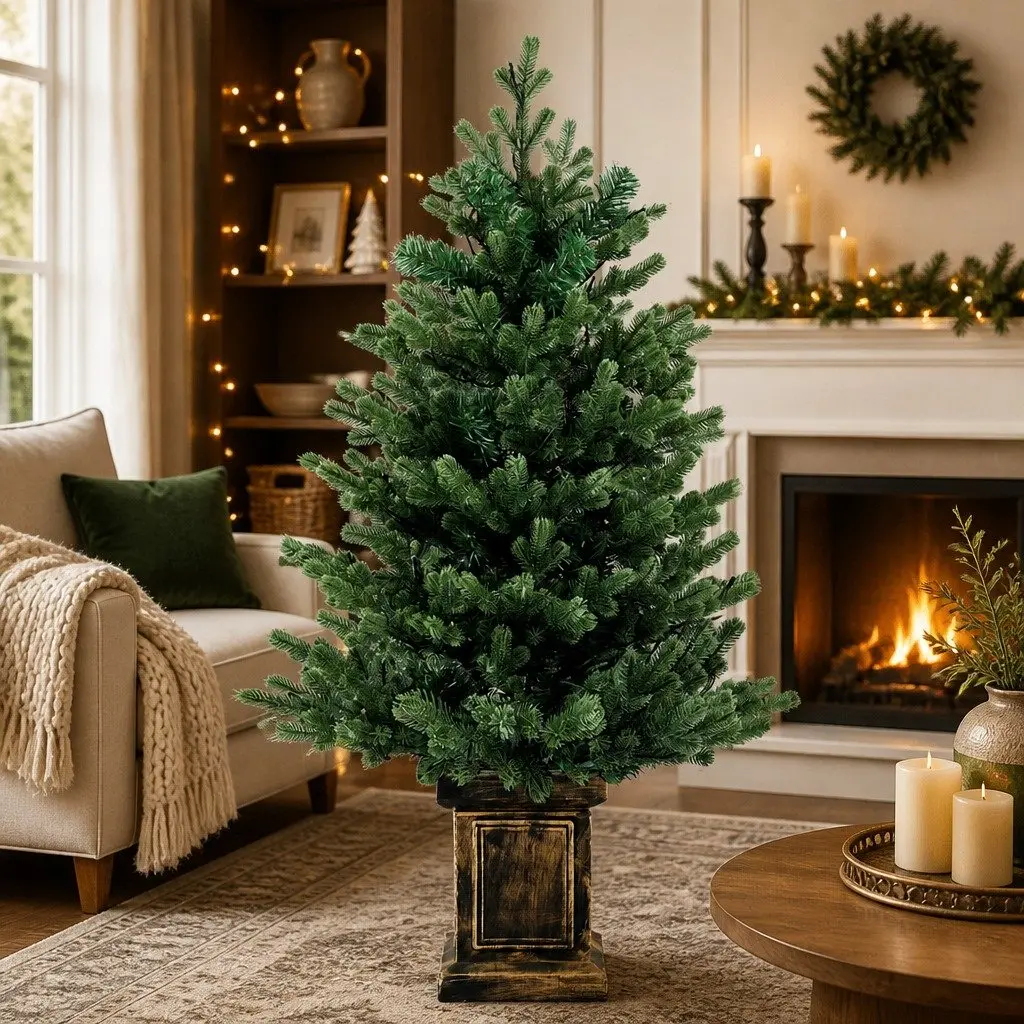 Pre-Lit Potted Christmas Tree Artificial Xmas Decor 1.2M Green with Warm White LED Lights 8 Flashing Modes