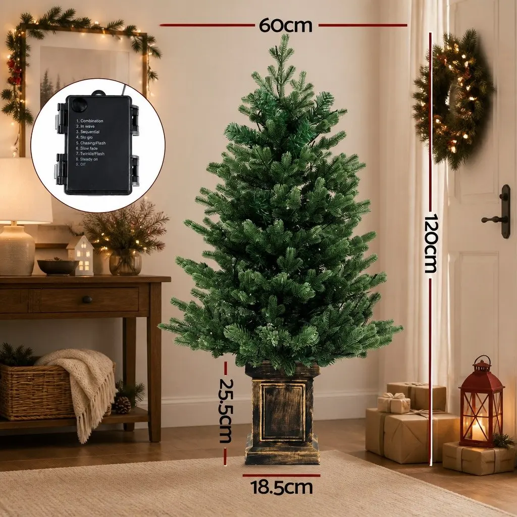 Pre-Lit Potted Christmas Tree Artificial Xmas Decor 1.2M Green with Warm White LED Lights 8 Flashing Modes