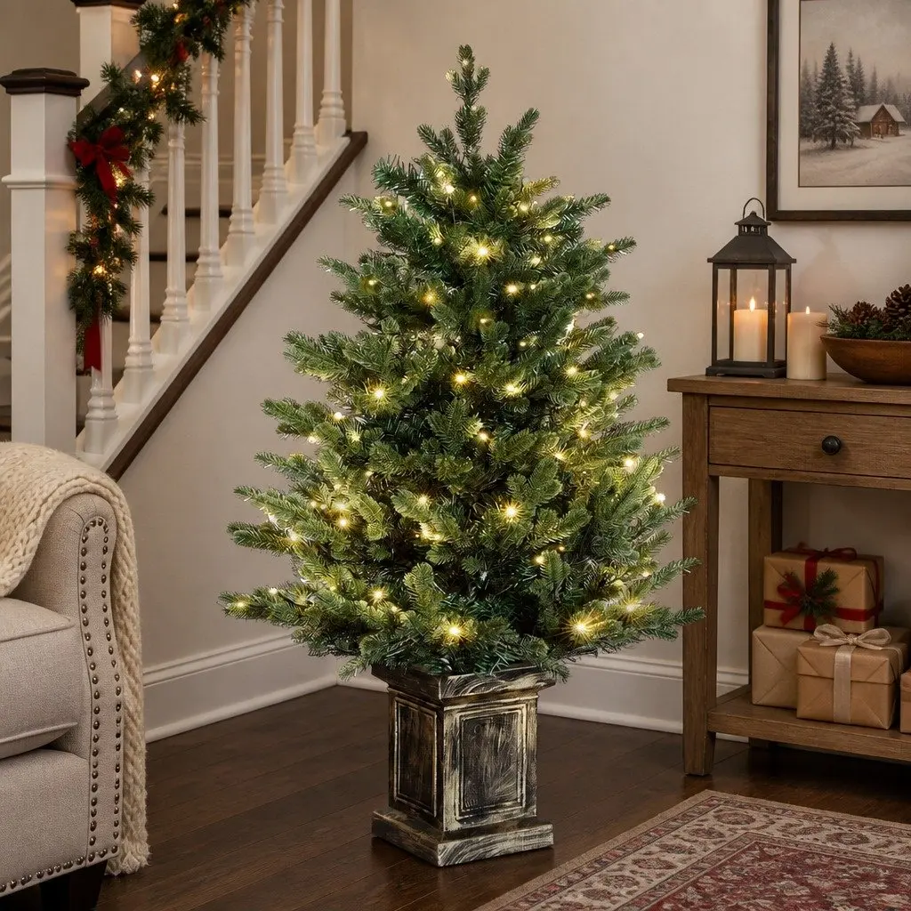 Pre-Lit Potted Christmas Tree Artificial Xmas Decor 1.2M Green with Warm White LED Lights 8 Flashing Modes