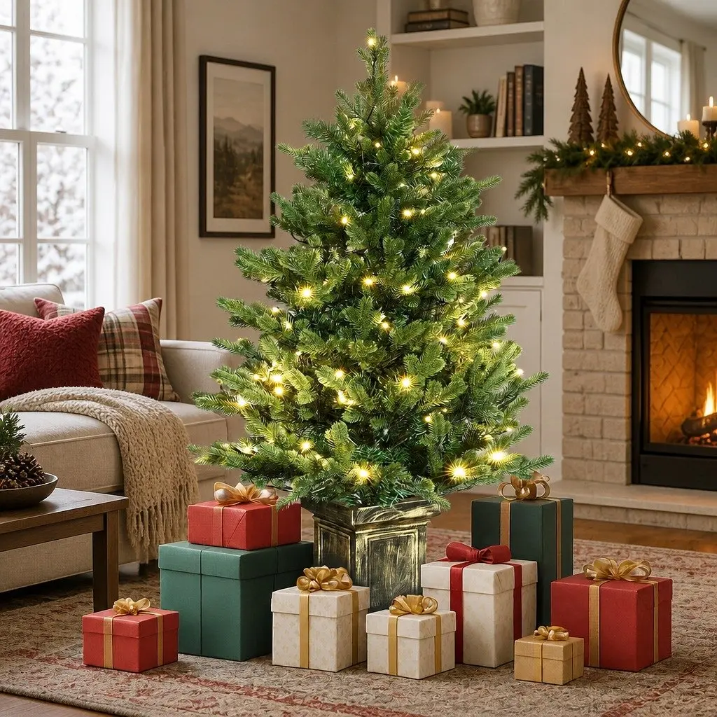 Pre-Lit Potted Christmas Tree Artificial Xmas Decor 1.2M Green with Warm White LED Lights 8 Flashing Modes