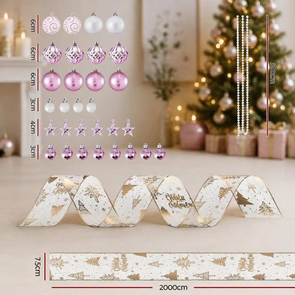 Christmas Tree Decoration Set 34 Piece Ribbon Ornaments Gold Pink White