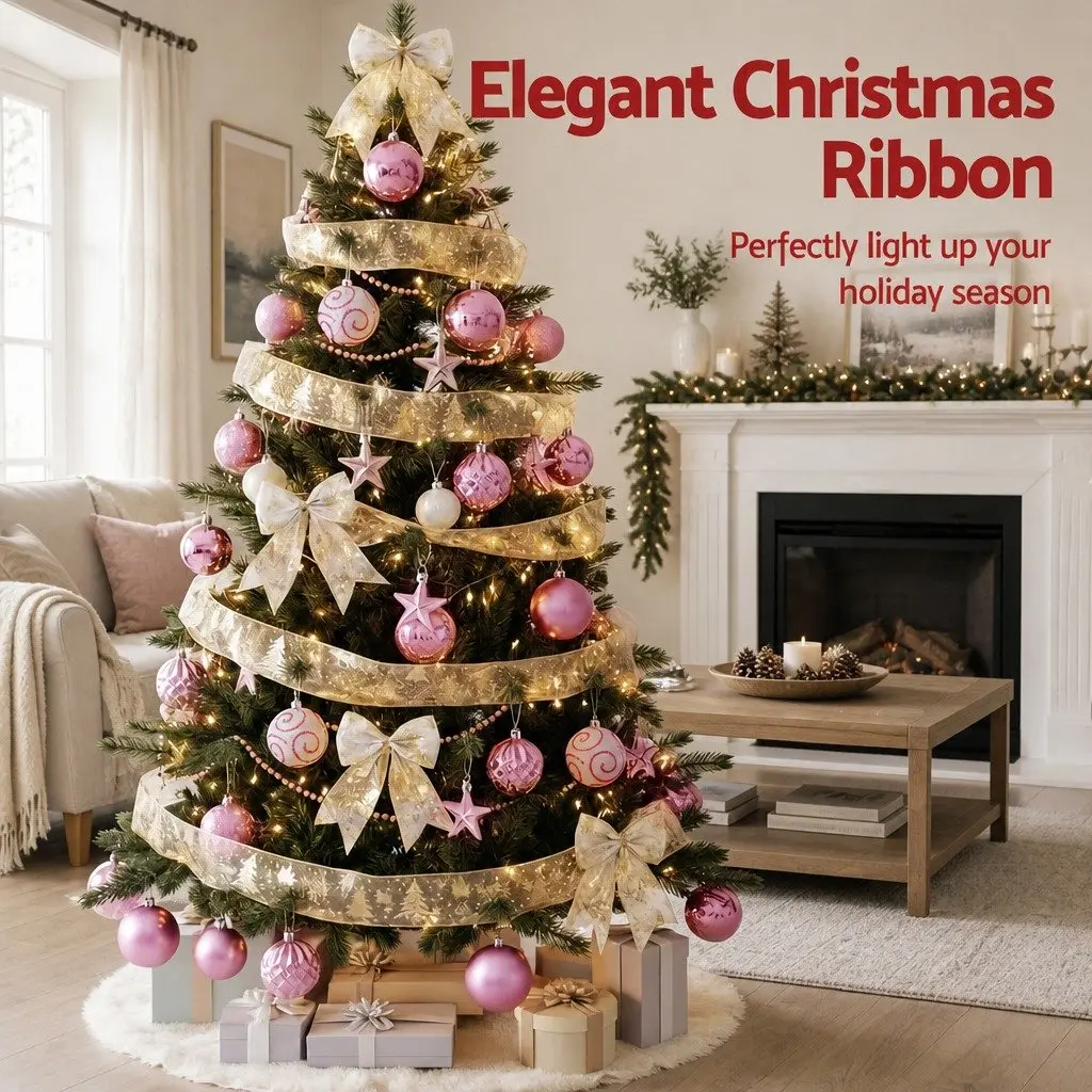 Christmas Tree Decoration Set 34 Piece Ribbon Ornaments Gold Pink White