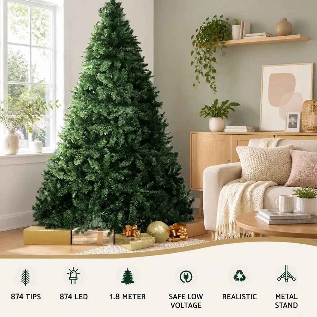 Christmas Tree Pre-lit LED 1.8m Green Warm White 874 Tips Faux Decorations