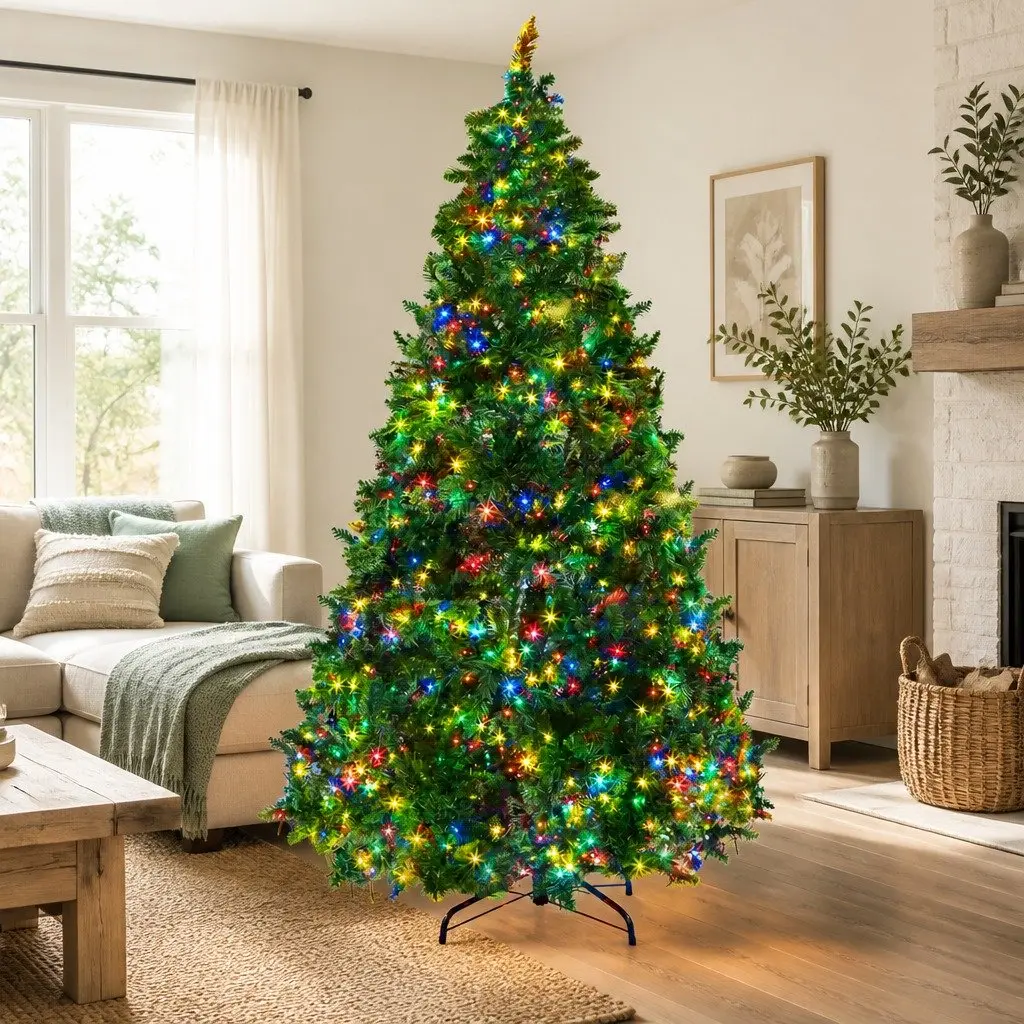 Pre-Lit Christmas Tree Multi Colour LED 2.1m 8 Lighting Modes Artificial Decoration