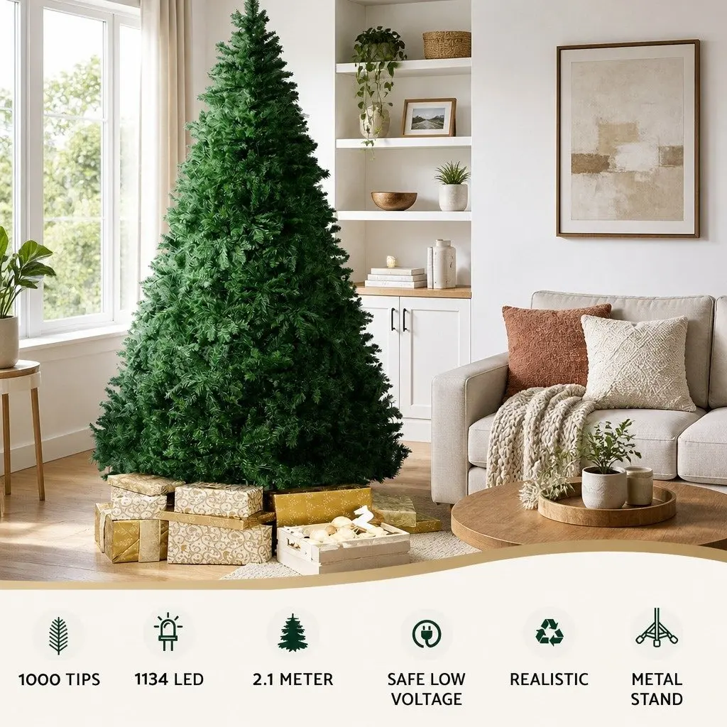 Pre-Lit Christmas Tree Multi Colour LED 2.1m 8 Lighting Modes Artificial Decoration