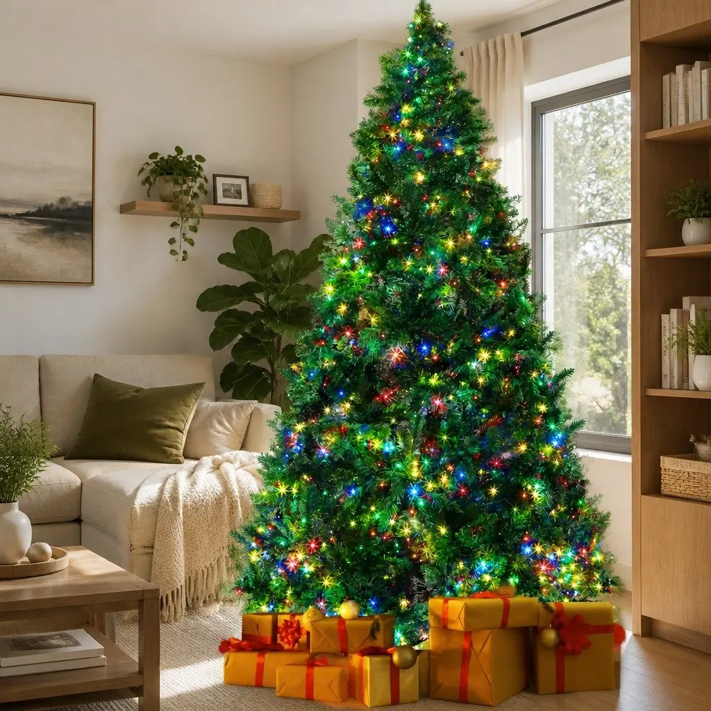 Pre-Lit Christmas Tree Multi Colour LED 2.1m 8 Lighting Modes Artificial Decoration