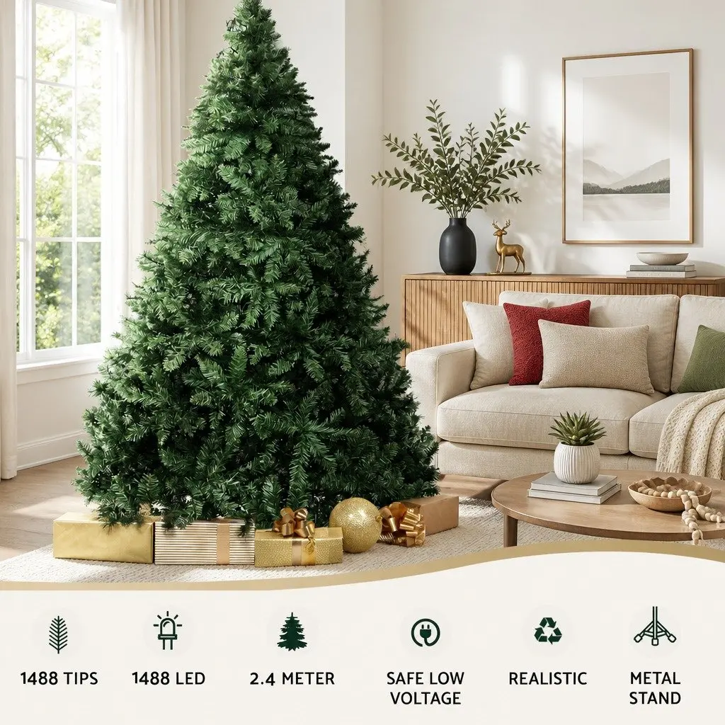 Christmas Tree Pre-lit 2.4m 8FT Green Fir Tree with 1488 LEDs Home Decor