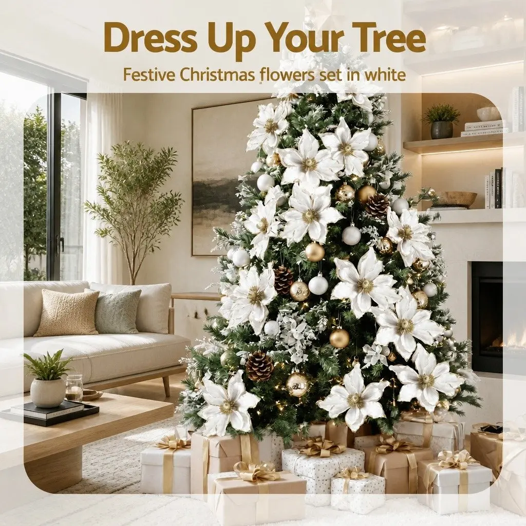 Christmas Poinsettia Flower Set 14 Pieces White Decoration for Tree Garland Wreath