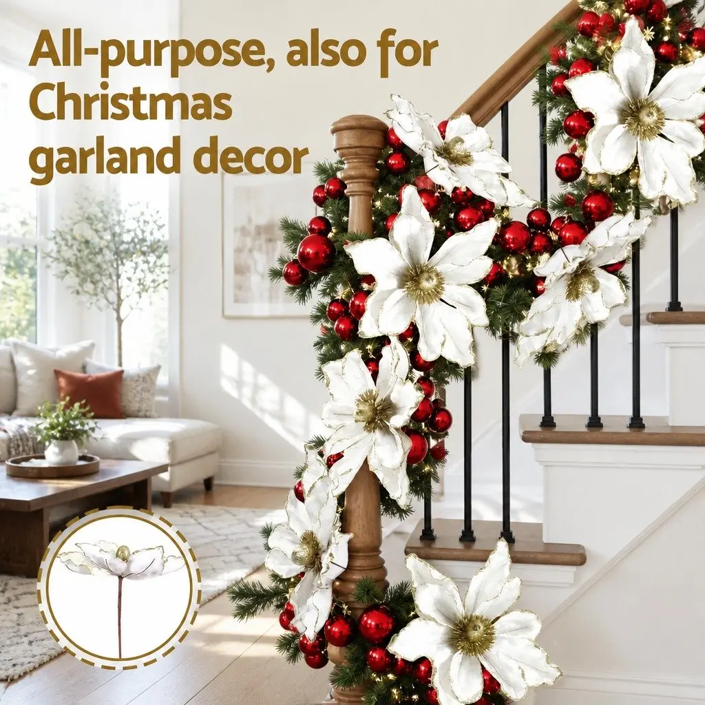Christmas Poinsettia Flower Set 14 Pieces White Decoration for Tree Garland Wreath
