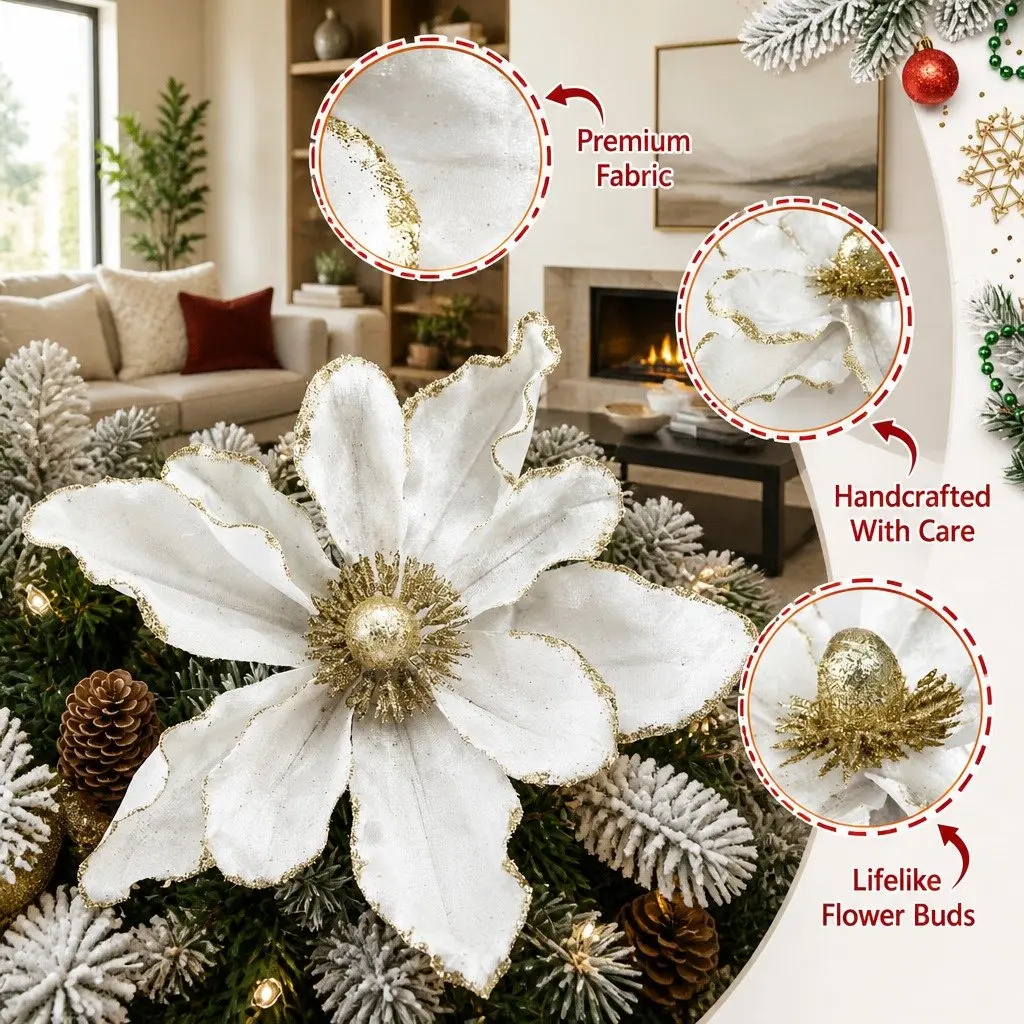 Christmas Poinsettia Flower Set 14 Pieces White Decoration for Tree Garland Wreath
