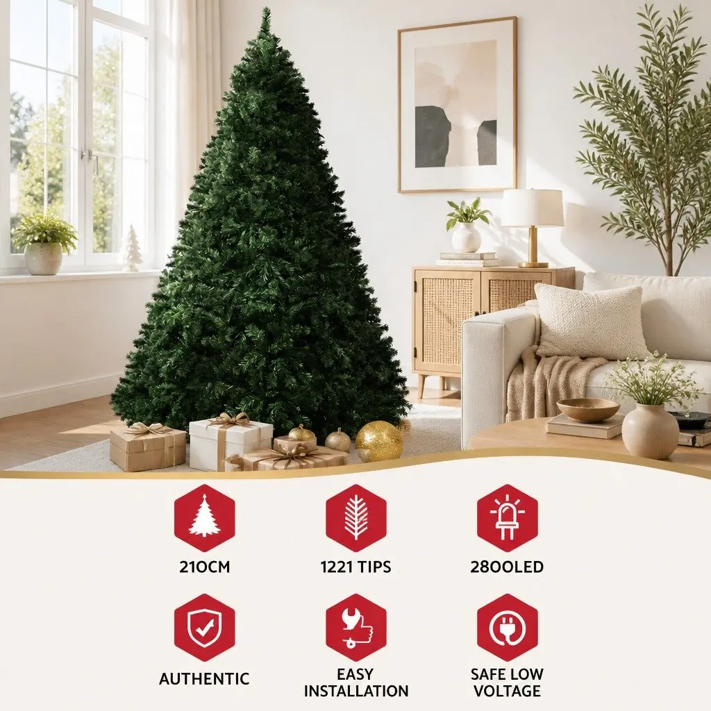 Pre-Lit Christmas Tree 2.1m Green LED Lights 2800 Lights 8 Modes