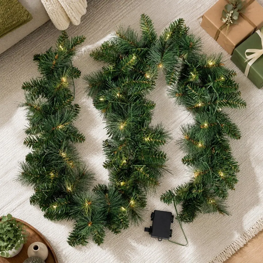 1.8m Green Christmas Garland with Warm LED Lighting