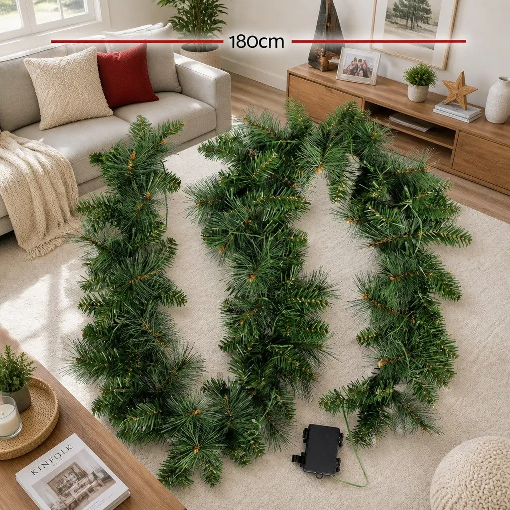 1.8m Green Christmas Garland with Warm LED Lighting